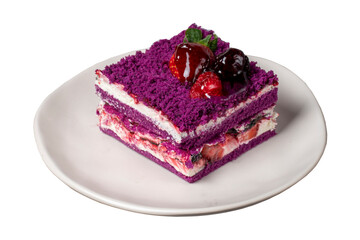 Forest fruit cake slice isolated on white background. Strawberry, blackberry and raspberry, black mulberry cake. Bakery products. close up