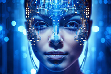 Futuristic Blue Portrait of Young Adult with Technological Elements. AI people communication technologies.