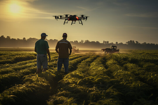 Agricultural Farmer and drone Working Outdoors in a Rural Landscape.