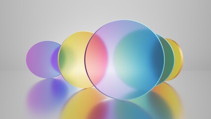 3d render, abstract geometric background, colorful glass round shapes, simple flat pieces and translucent layers