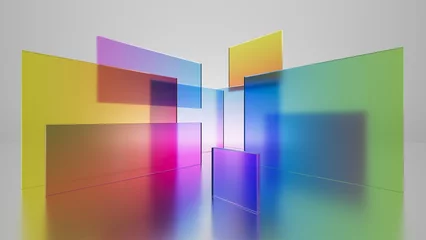  3d render, abstract geometric background, colorful translucent glass pieces, simple flat square shapes © wacomka