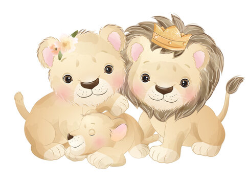 Cute lion and baby lion watercolor illustration