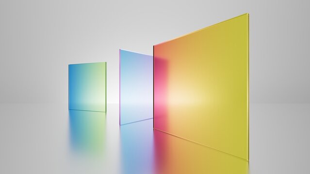 3d rendering, abstract geometric wallpaper, translucent glass with colorful gradient, simple square shapes over white background