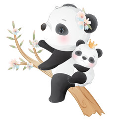 Cute panda and baby panda on tree branch watercolor illustration