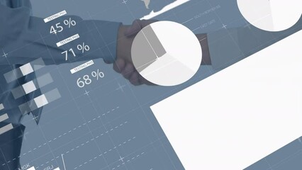 Animation of white infographic interface over midsection of entrepreneurs shaking hands - Powered by Adobe