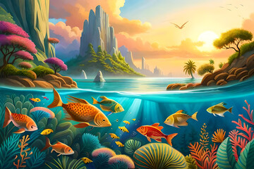 Fototapeta na wymiar In a hidden realm deep within the ocean, a mesmerizing underwater fantasy landscape unfolds. A magnificent coral reef, teeming with life