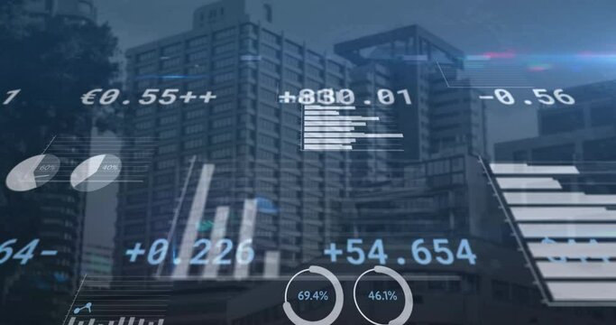 Animation of graphs, loading circles and trading board over modern buildings against sky