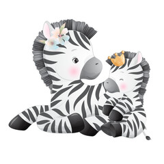 Cute zebra and baby zebra watercolor illustration