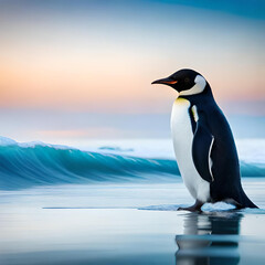 Fototapeta premium Penguin on water, sliding on icy waves