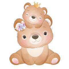 Cute bear and baby bear watercolor illustration