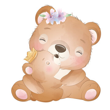 Cute bear and baby bear watercolor illustration
