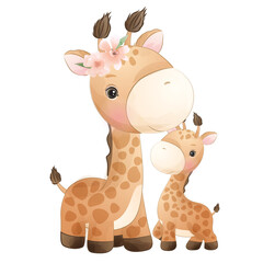 Cute giraffe and baby giraffe watercolor illustration
