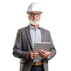 A middle aged architect or engineer holding a tablet