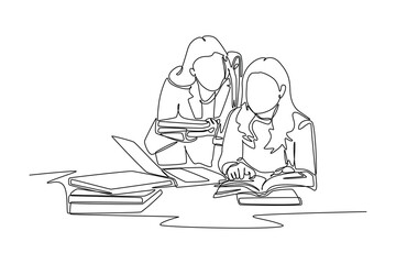 Single one line drawing happy student reading and preparing for examination. Education and leisure concept. Continuous line draw design graphic vector illustration.