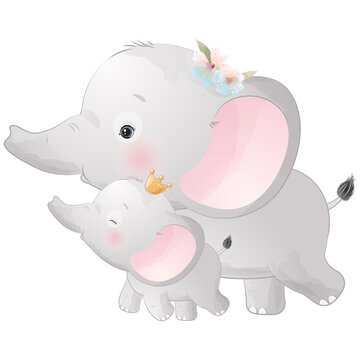 Cute elephant and baby elephant watercolor illustration