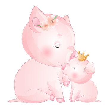 Cute pig and piggy watercolor illustration