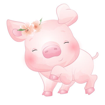 Cute pig poses watercolor illustration