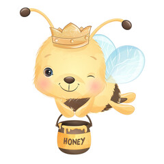 Cute bee with honey watercolor illustration