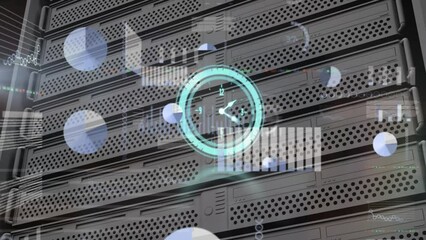 Animation of clock, graphs, trading board and loading bars against server racks in background - Powered by Adobe