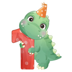 Cute dinosaur with number 1 birthday watercolor illustration