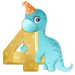Cute dinosaur with number 4 birthday watercolor illustration