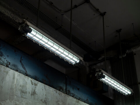 Loft industrial ceiling lights covered with wire mesh hanging under ceiling in old white building. Fluorescent light guards near electric pipeline decoration on building structure background, indoor.