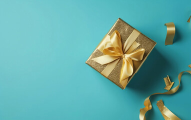 Fototapeta na wymiar Gift box with golden ribbon on blue background. Top view. Generative AI