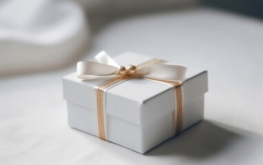 White gift box with gold ribbon on a white background. Generative AI.