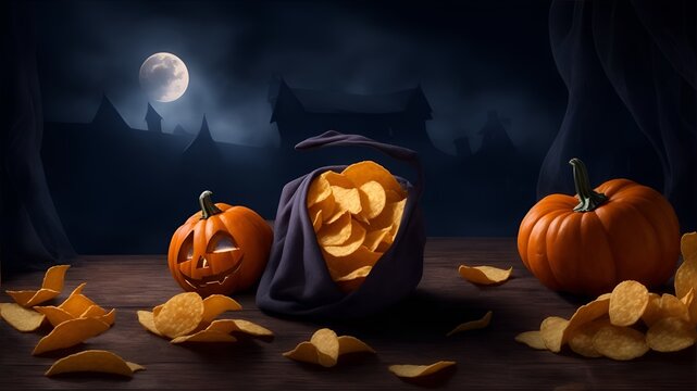 product presentation concept of pumpkin-favored chips on a scary Halloween theme background. 