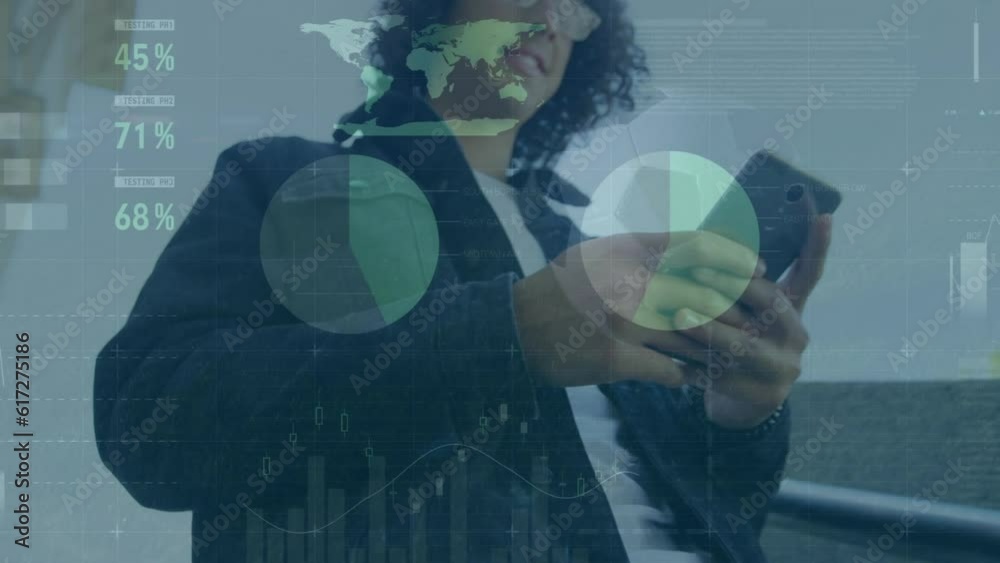 Poster animation of infographic interface over low angle view of biracial man walking and using cellphone