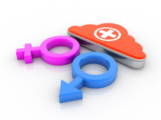 3D rendering Gender symbols of man and woman in cloud first aid box
