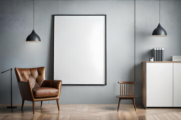 White blank poster with frame mock-up on grey wall