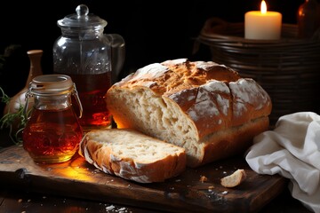 Rustic bread loaf inside a wooden bread box - obrazy, fototapety, plakaty