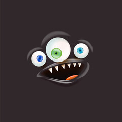 Vector funny orange monster face with open mouth with fangs and eyes isolated on black background. Halloween cute and funky monster design template for poster, banner and tee print