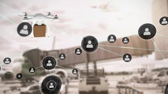 Animation of connected icons over drone carrying cardboard box against parked airplane and truck