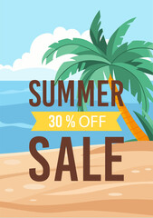 Vertical flyer summer sale promotion design Tropical Beach. Advertisement banner template with palm tree, ocean, sand