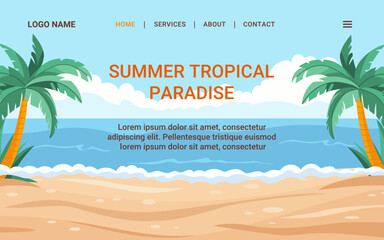  Summer tropical paradise Horizontal landing page design. Holiday, vacation, travel Banner template. Vector template in flat style