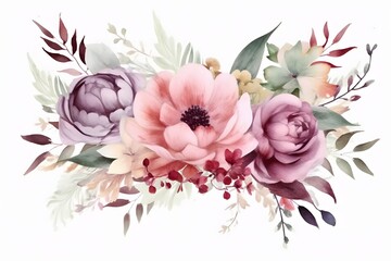 Fototapeta na wymiar colorful watercolor bouquet of flower Isolated on white backgrounds with space for frame, Illustration. for wedding stationary, greetings, textile, wallpapers, . Illustration. Generative AI.