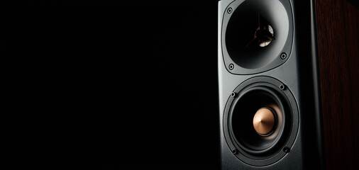 Multimedia acoustic sound speaker with copy space. Sound audio system on dark background
