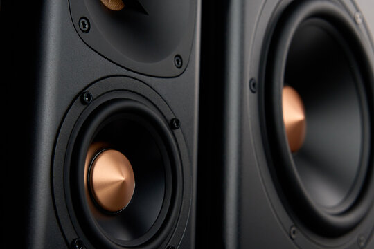 Multimedia acoustic sound speakers. Sound audio system on dark background. Stereo system for listening music
