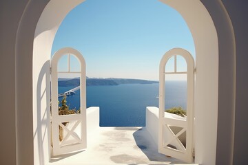 View of the sea from the house through the arch, Santorini island, Greece. Generative AI
