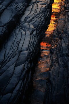 Aerial view, black rock striation with lava veins, vibrant raking light Generative AI