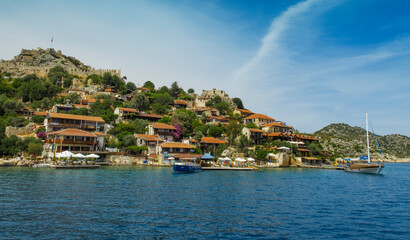 Beautiful panoramic view on island Kekova and the castle Simena on top of hill