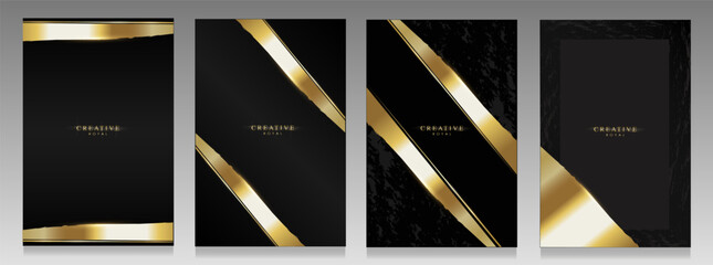 Luxurious gold and black covers. Modern design, glossy gold obblique lines on dark shaded background. Elegant pattern for business, luxury events, invitations, deluxe brochures.
