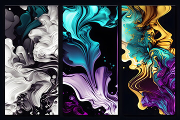 Bright abstract fluid art on a black background. An illustration created with generative AI technology.