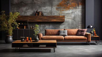 A modern luxury living room with a black sofa, paired with a dark concrete wall. Generative AI