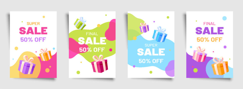 Discount sale promo banner coupon flat set. Surprise gift box liquid design minimalism promotional black friday holiday price special offer concept opening store discount voucher gift isolated