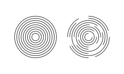 Circular ripples. Concentric circles with whole and broken lines isolated on white background. Vortex, sonar wave, soundwave, sunburst, radio signal, pain, aim icons
