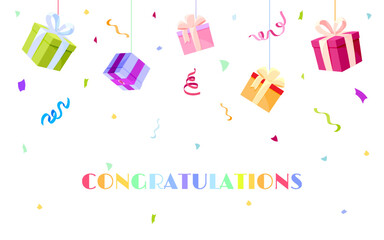 Congratulations banner festive colorful flat. Postcard celebration letter success poster greeting sheet box gift confetti rainbow party background winner holiday decoration surprise colorful festive