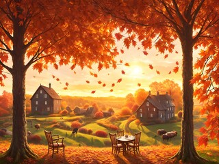 Autumn Countryside Landscape, Generative AI Illustration